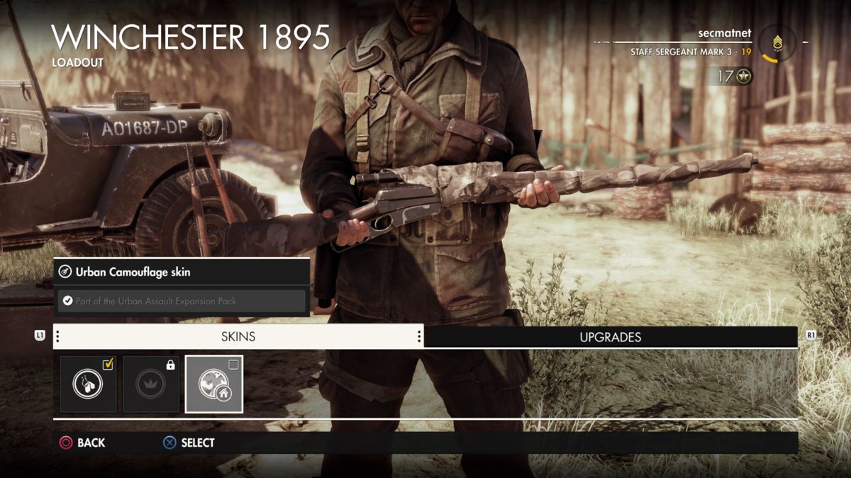 Sniper Elite 4: Italia - Urban Assault Expansion Pack (PlayStation 4) screenshot: Winchester 1895 urban camouflage skin