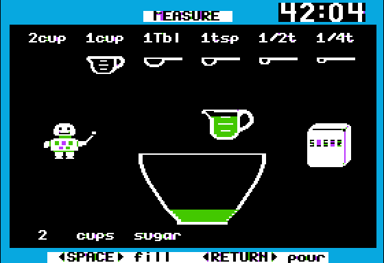 Bake & Taste (Apple II) screenshot: Pouring the Ingredients