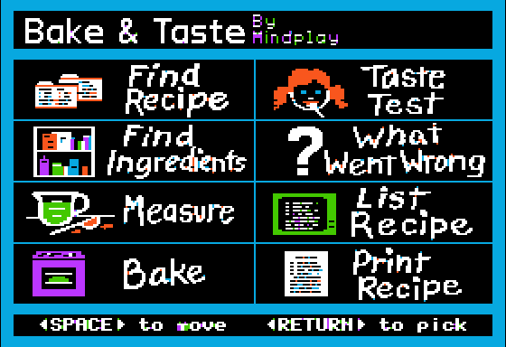 Bake & Taste (Apple II) screenshot: Cooking Menu