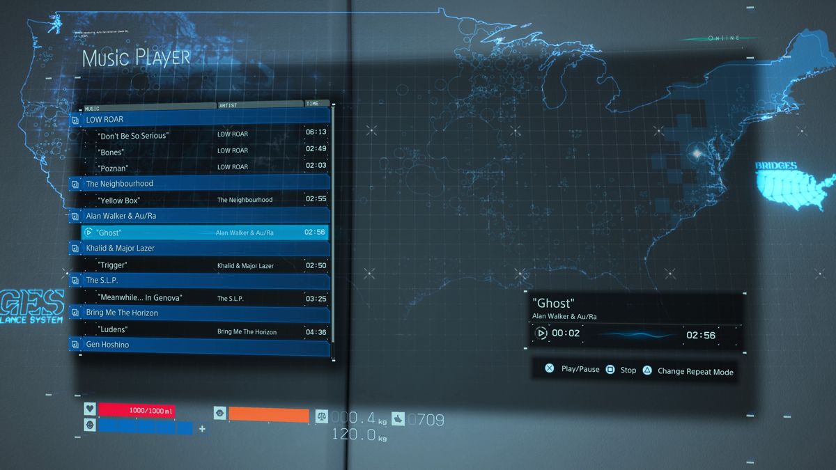 Death Stranding (PlayStation 4) screenshot: Music player is accessible from the terminal at safe rooms