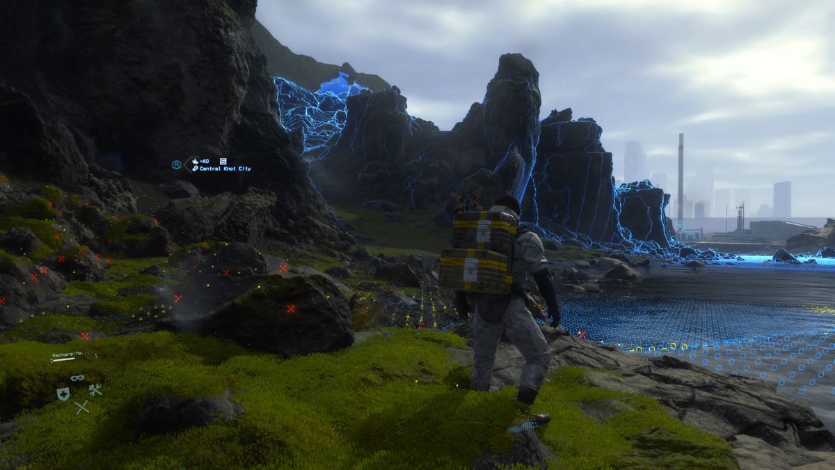 Death Stranding (PlayStation 4) screenshot: Scanning the terrain will reveal easily and more difficult traversal areas