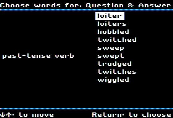 Grammar Madness (Apple II) screenshot: Choosing a Past-Tense Verb