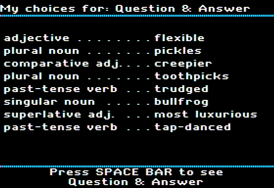 Grammar Madness (Apple II) screenshot: My List of Words