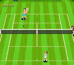 Super Tennis (SNES) screenshot: Two girls are playing on a lawn