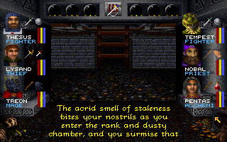 Wizardry: Crusaders of the Dark Savant (DOS) screenshot: Moody descriptions accompany you on your journey. Exploring an optional dungeon early in the game