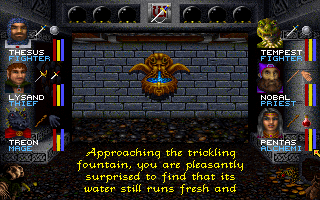 Wizardry: Crusaders of the Dark Savant (DOS) screenshot: Fountains are described as well. Check it out, see if you want to drink...