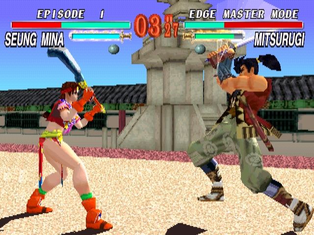 Soul Blade (PlayStation) screenshot: Even girls can play. Although her outfit may not be historically accurate, Seung Mina's weapon is, as she protects herself from the errant ronin, Mitsurugi.