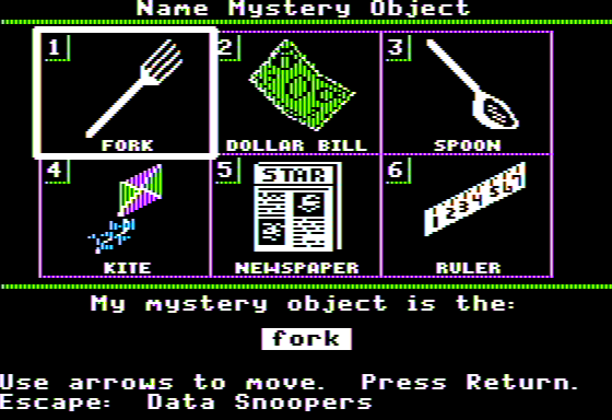 Mystery Objects (Apple II) screenshot: Is it the Dollar Bill or the Newspaper?