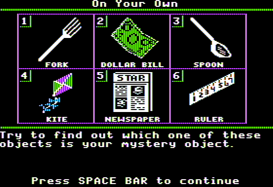 Mystery Objects (Apple II) screenshot: 6 Possible Mystery Objects