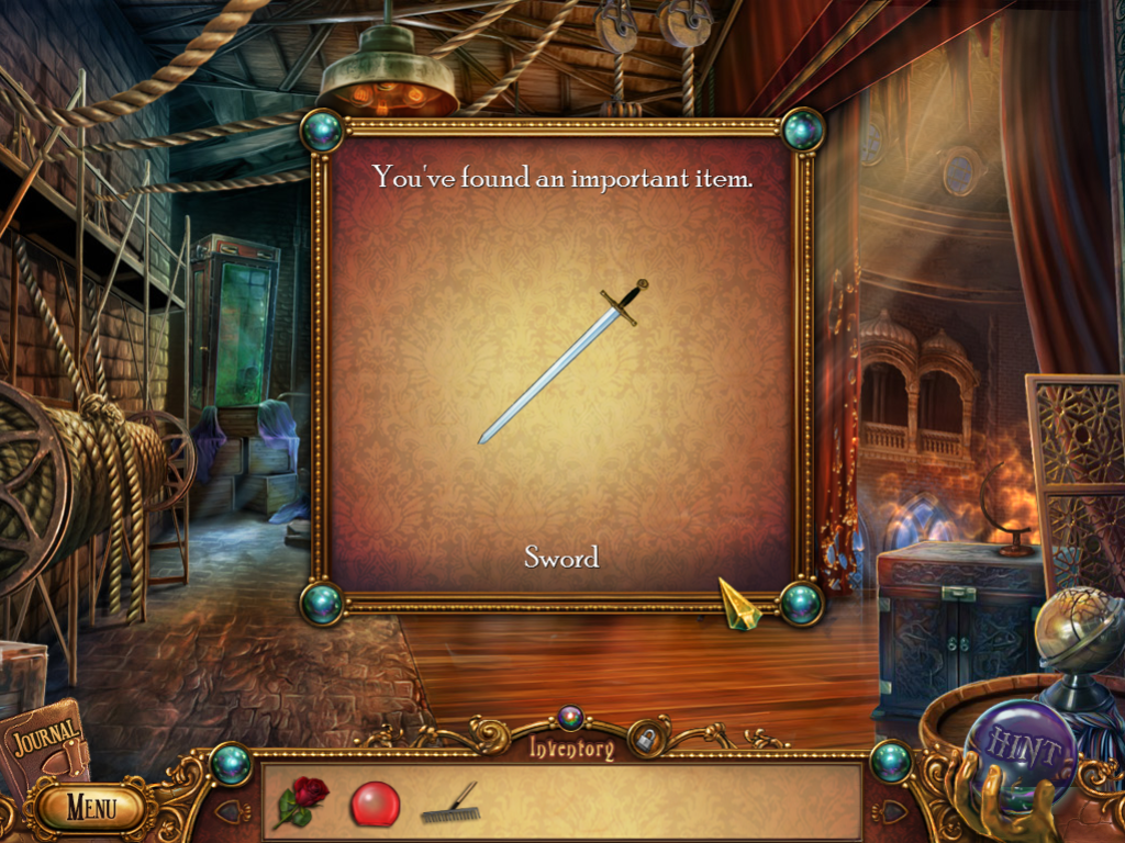 Small Town Terrors: Galdor's Bluff (Windows) screenshot: From the hidden object area, I got a sword.