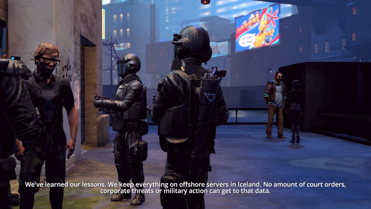 Dreamfall Chapters (PlayStation 4) screenshot: Book 2: Corporate goons are trying to block the freedom of press