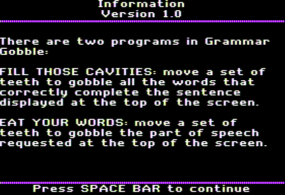 Grammar Gobble (Apple II) screenshot: Instructions