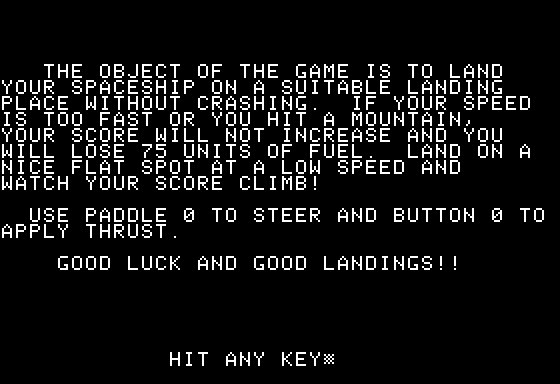 Space Float (Apple II) screenshot: Instructions